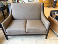 Sophisticated Dark Wood Trim High-Back Settee / Loveseat in Taupe Textured Weave