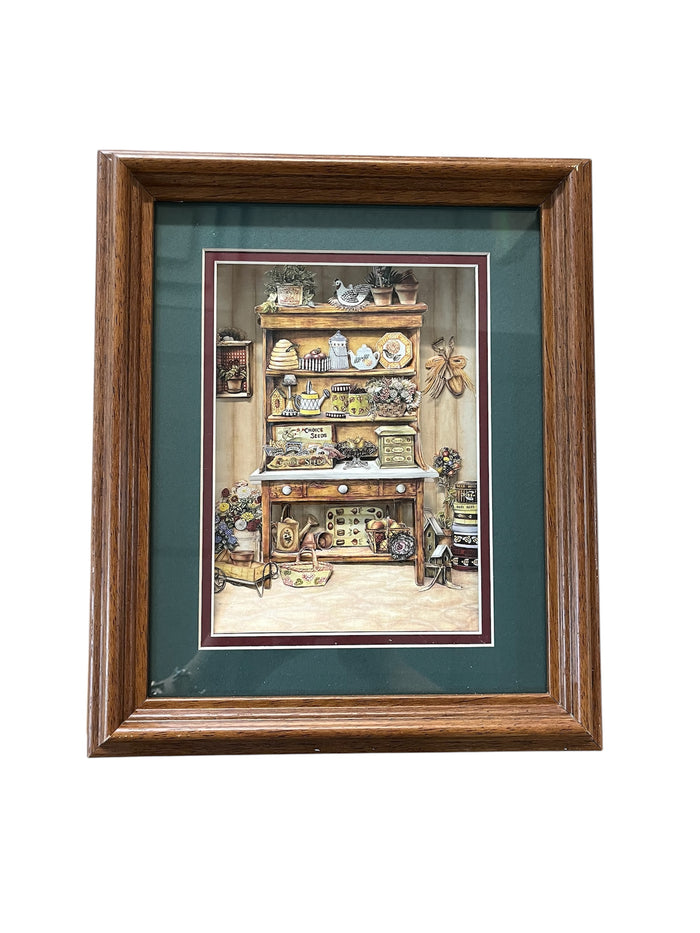 Rustic Farmhouse Pantry Diorama - Green Background on Chestnut Wood Frame