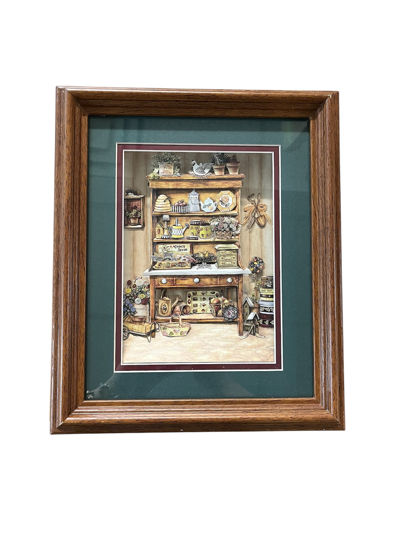 Rustic Farmhouse Pantry Diorama - Green Background on Chestnut Wood Frame