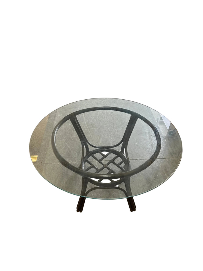 Vintage rattan leaf back swivel chairs + glass round table
