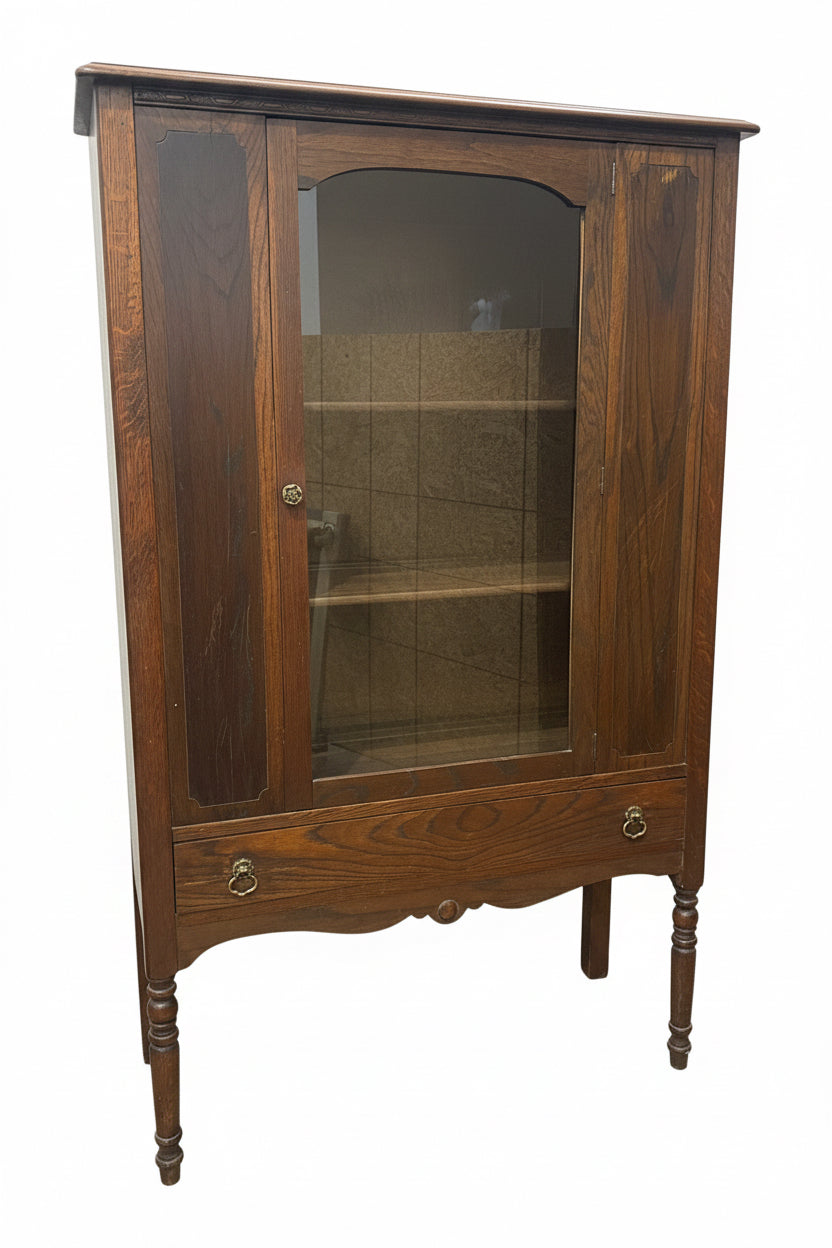 Vintage Oak China Cabinet Features A Glass Display Door And A Lower Storage Drawer
