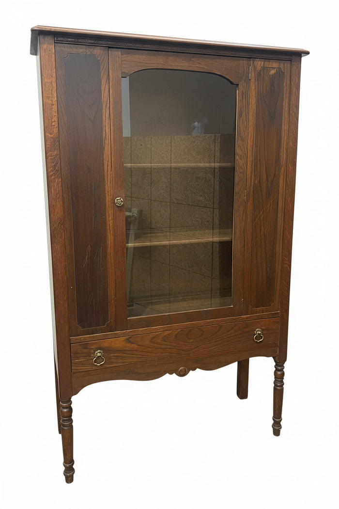 Vintage Oak China Cabinet Features A Glass Display Door And A Lower Storage Drawer