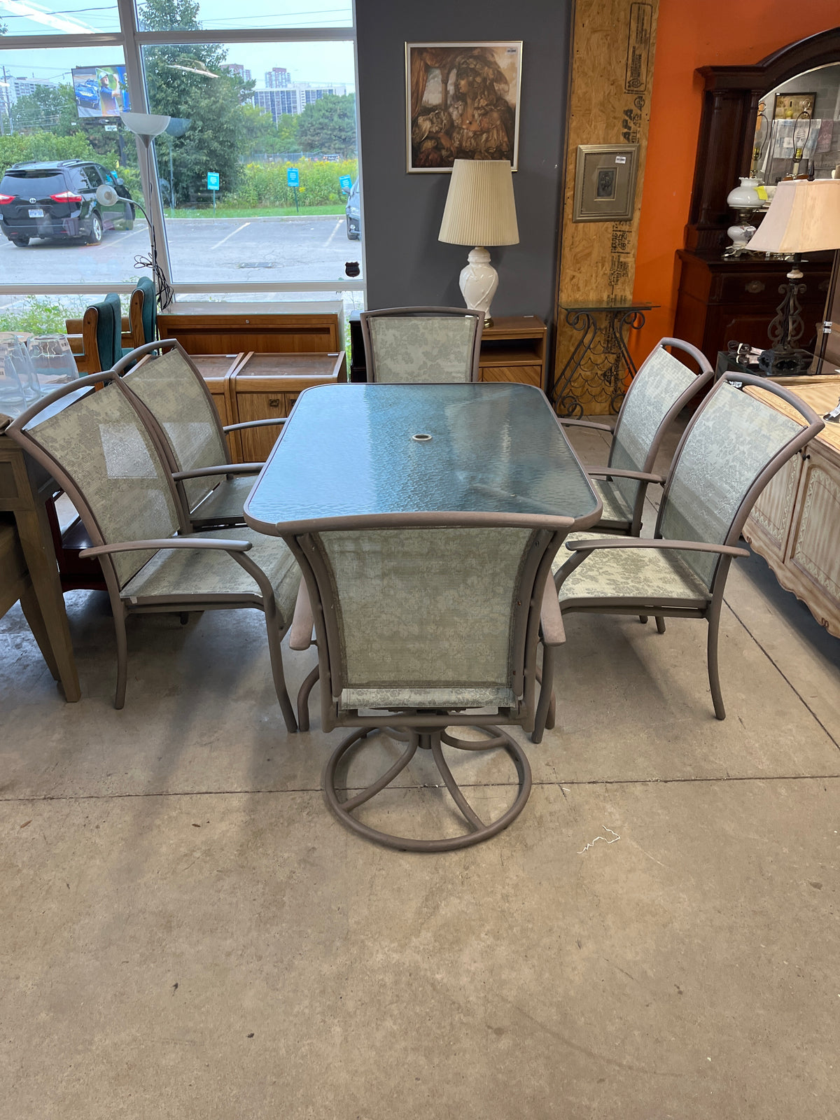 61” Patio Set with 6 Chairs and Umbrella