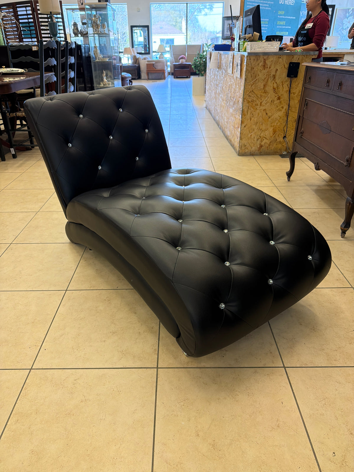 Onyx Black Pleather Lounger with Tufted Crystal Buttons