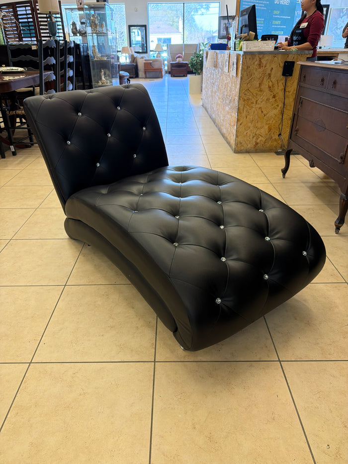 Onyx Black Pleather Lounger with Tufted Crystal Buttons