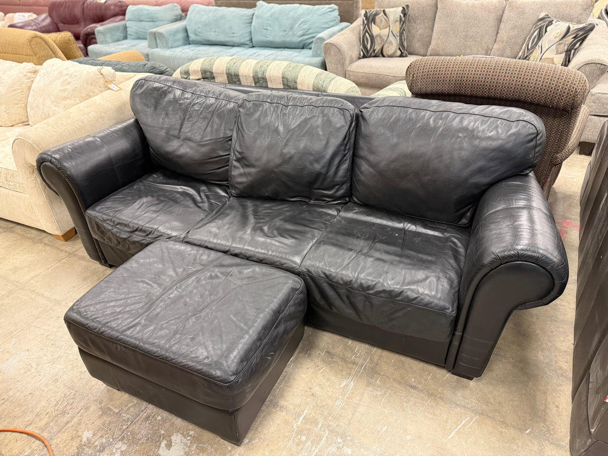 Black 3-Seater Leather Sofa w/ Ottoman