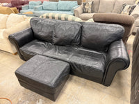 Black 3-Seater Leather Sofa w/ Ottoman