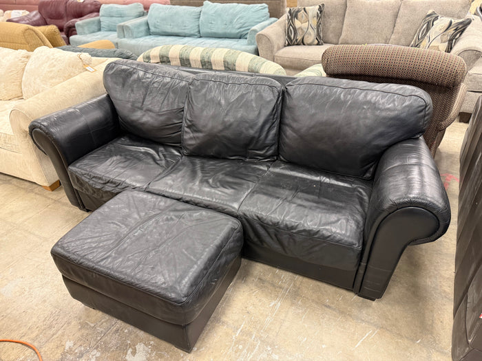 Black 3-Seater Leather Sofa w/ Ottoman