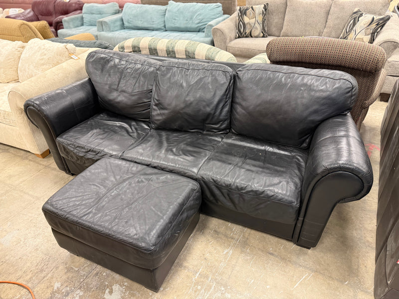 Black 3-Seater Leather Sofa w/ Ottoman