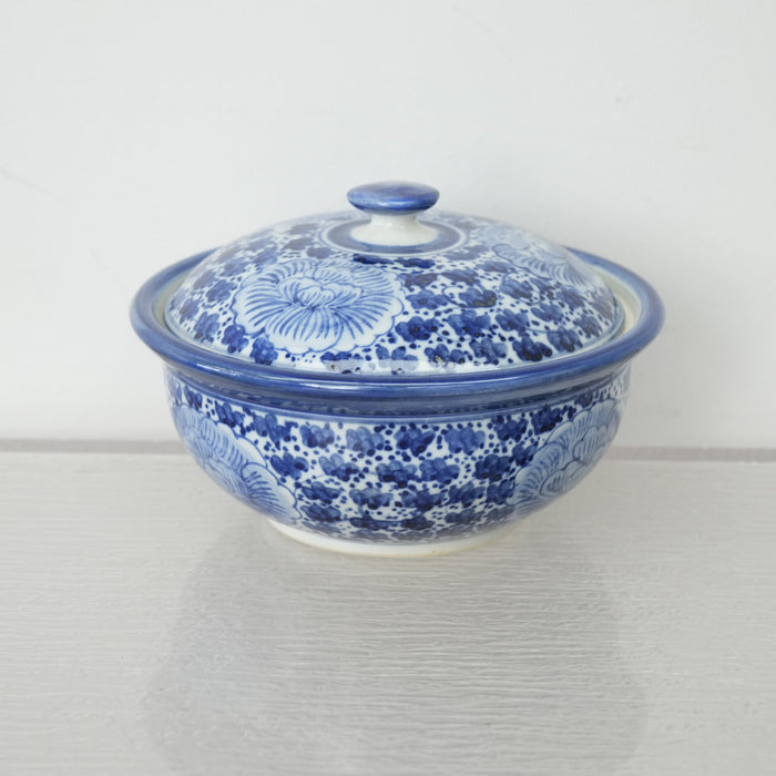 7-inch W Vintage Thai Blue & White Porcelain Lidded Bowl