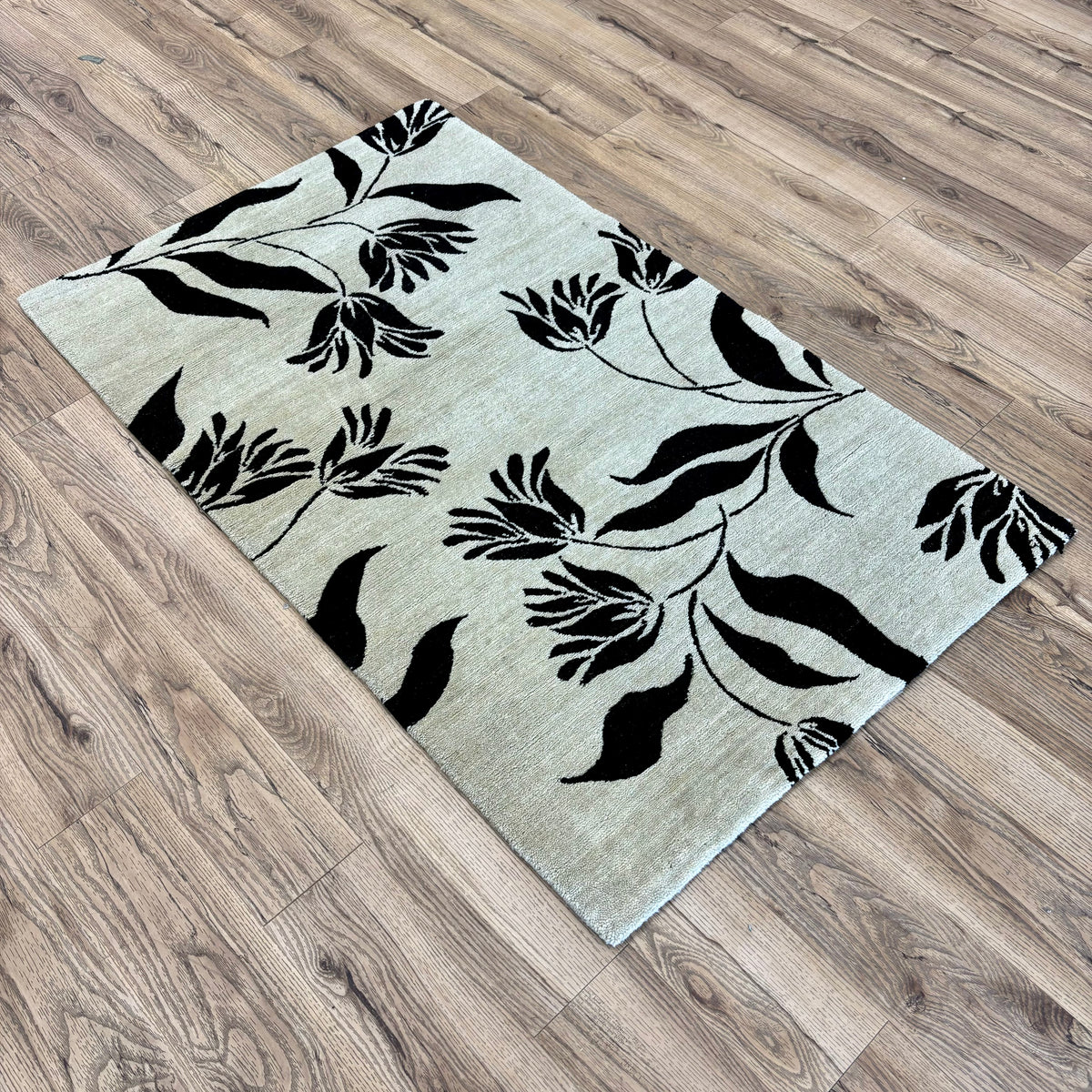 3x5-ft Floral Handmade Rug, Black on Beige, 100% Wool, 248