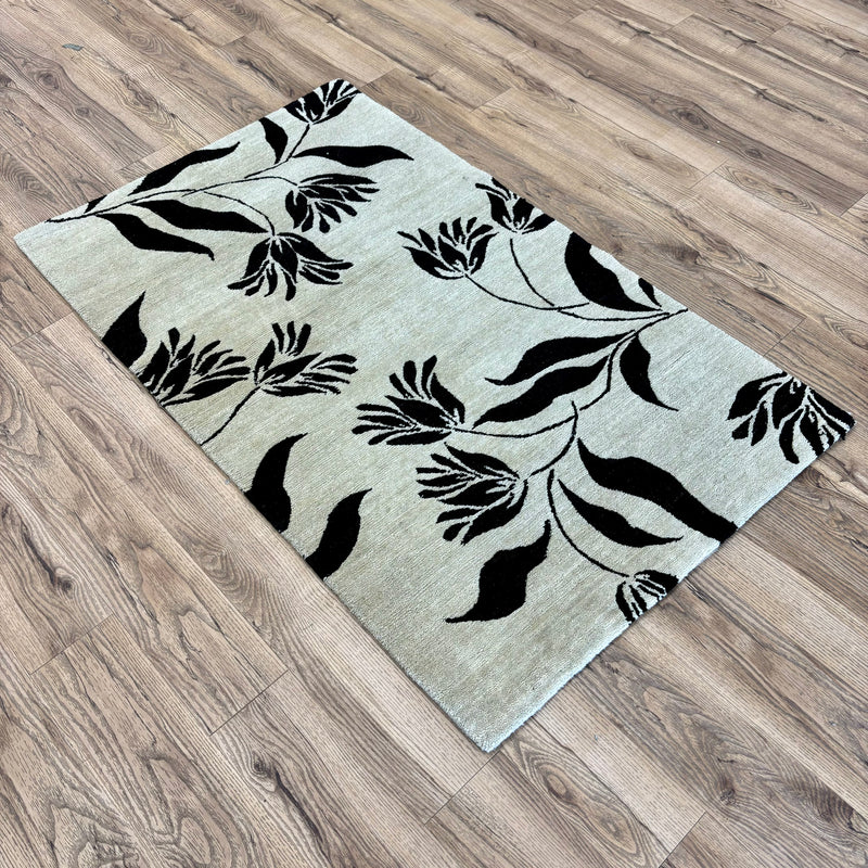 3x5-ft Floral Handmade Rug, Black on Beige, 100% Wool, 248