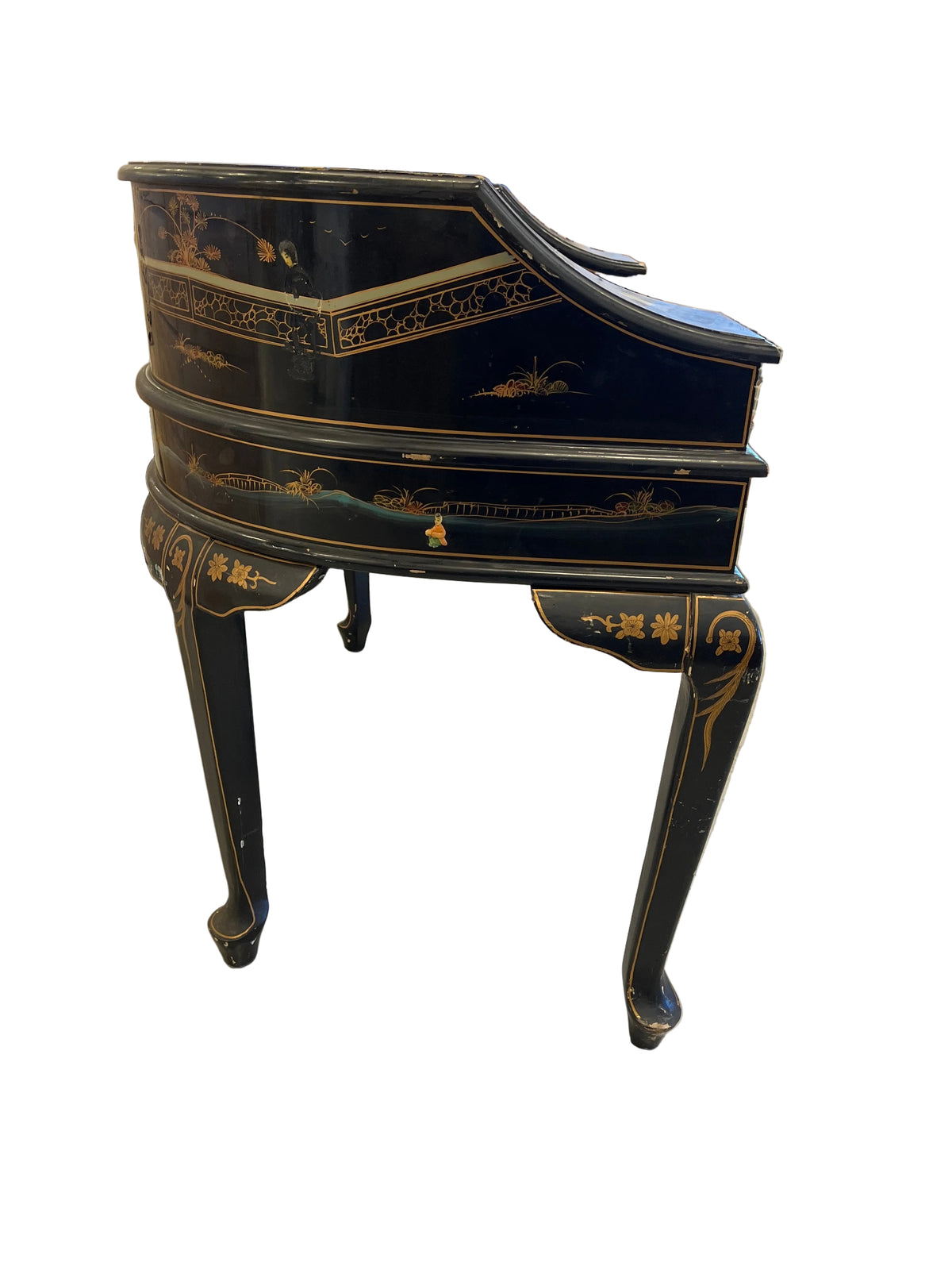 Black Lacquer and Gold Chinoiserie Harpsichord-Style Antique Writing Desk