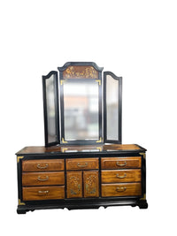 Burl Wood Dresser with Tri-Fold Mirror & Bird & Floral Motifs
