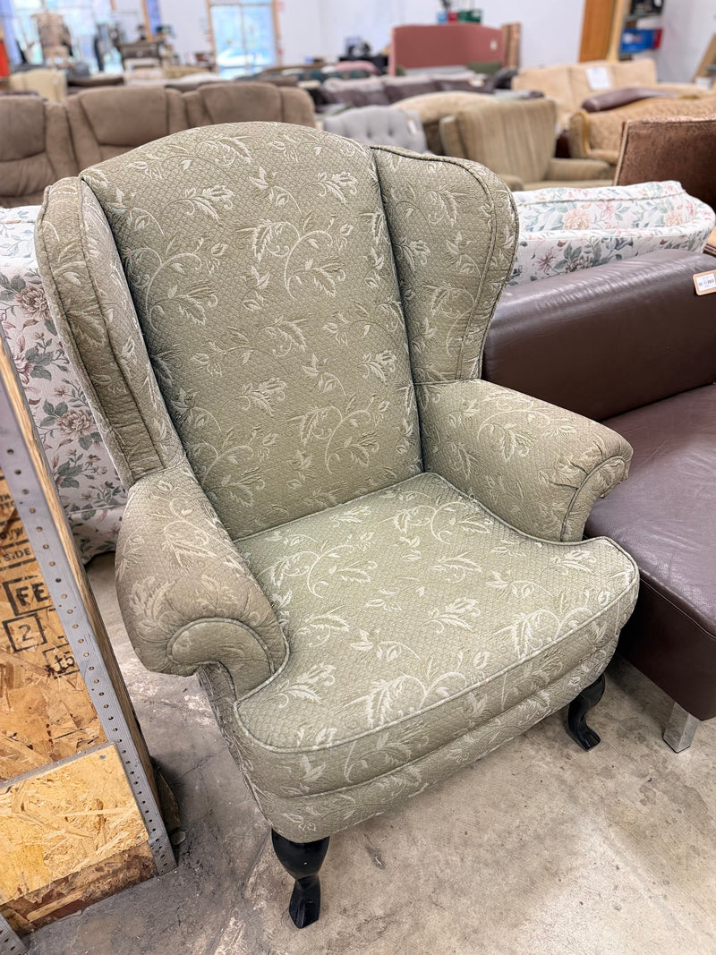 Sage Green Floral Patterned Wingback Armchair
