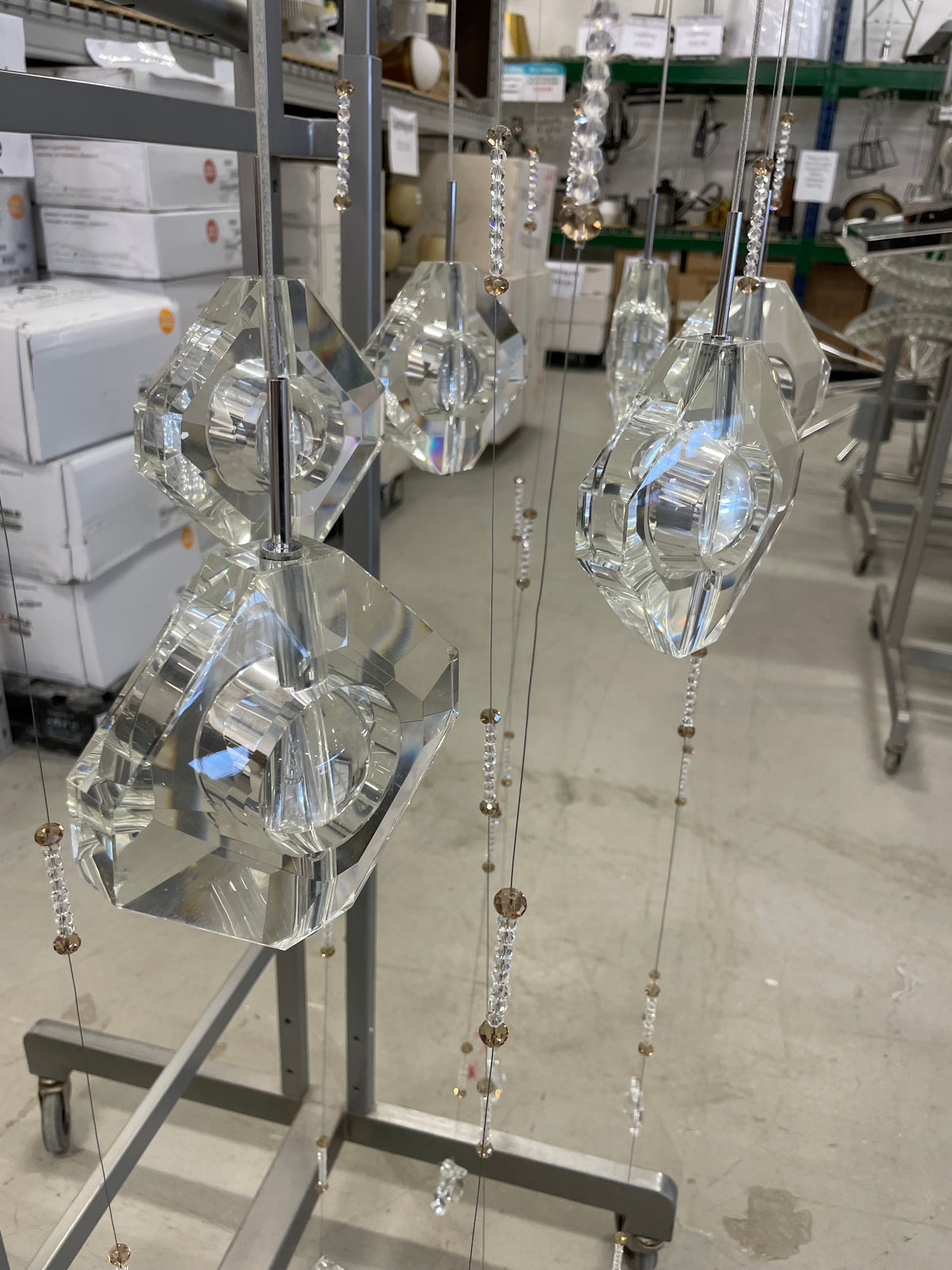 6-Crystal Chandelier with White Rectangular Canopy and 2-tone Crystal Strands