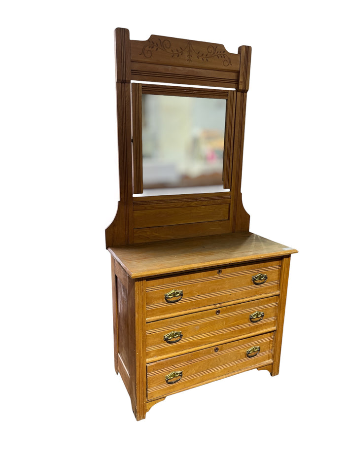 Farmhouse Style Bedroom Dresser w/ Floral Carved Detailing & Mirror