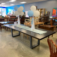 120-Inch W Summit Dining Table – Textured Dark Wood with Sculptural Base