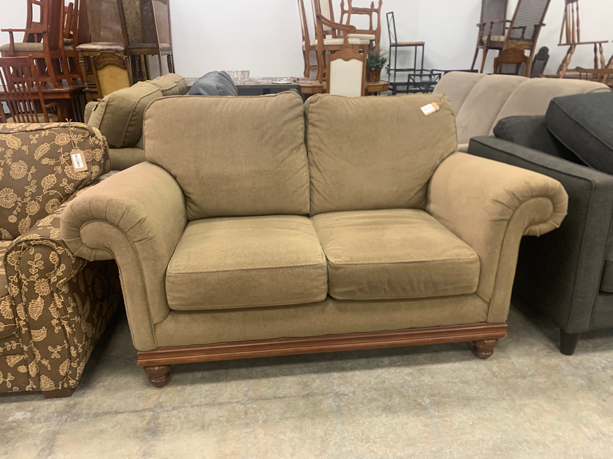 Olive Green Loveseat With Wooden Frame
