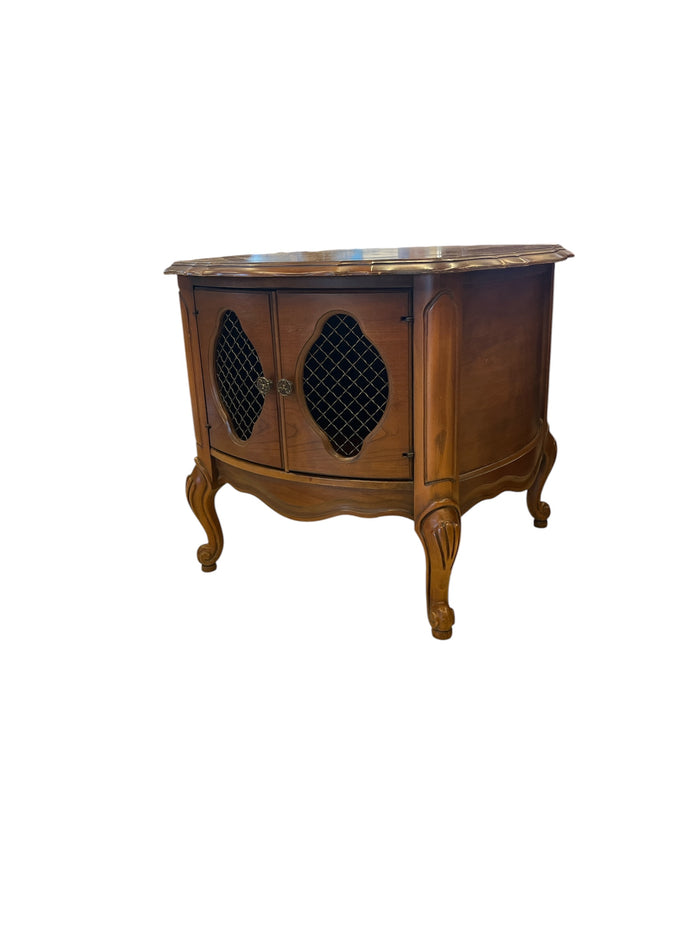 Curved Front Accent Table with Mesh Cabinet Doors
