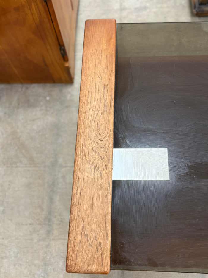 Mid-Century Teak Square Glass Top Coffee Table