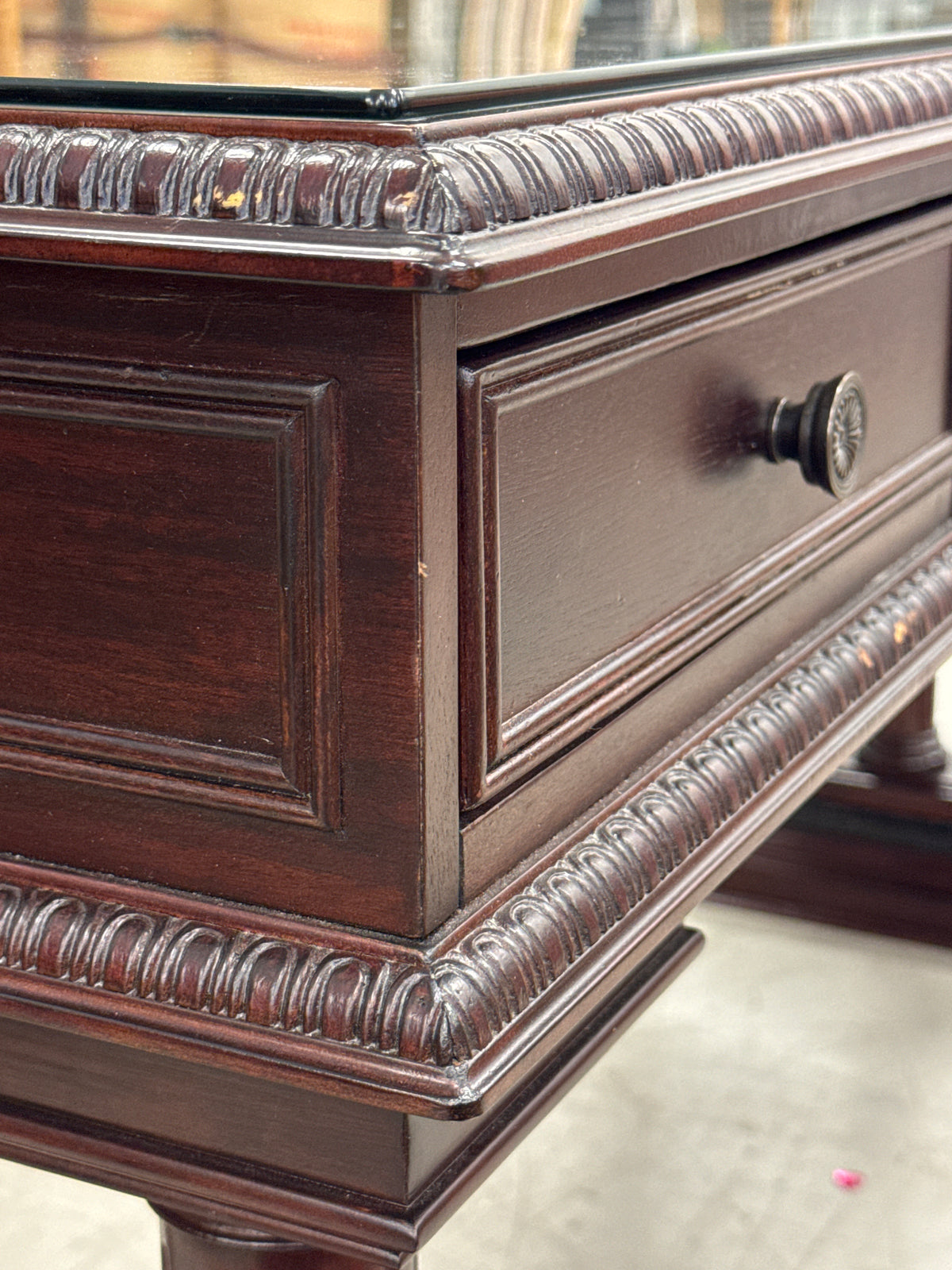 65 In. Wide Traditional Mahogany-Finish Richmond Executive Writing Desk with Glass Top by The Bombay Company