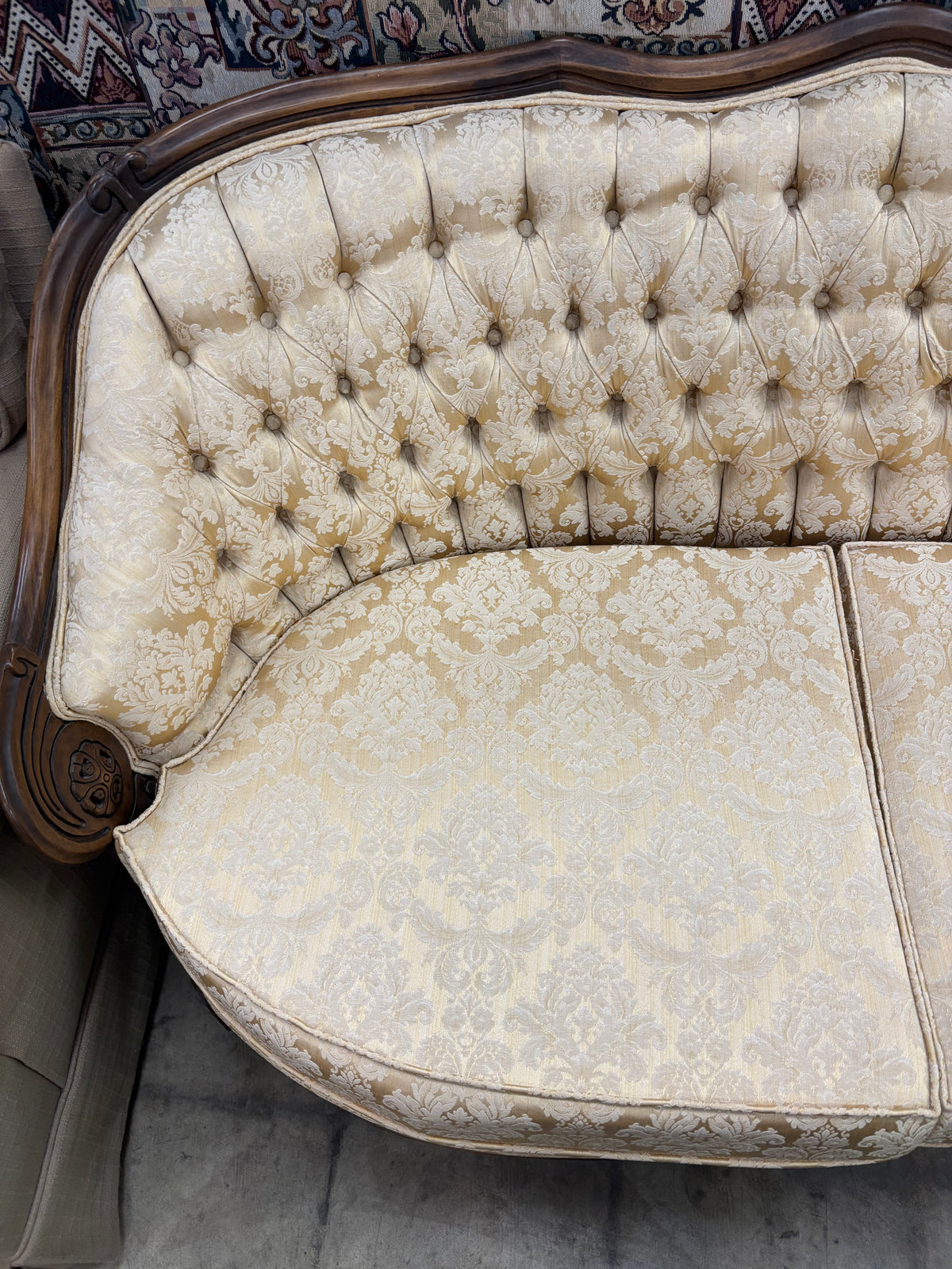 French Provincial-Style Gold Damask Sofa