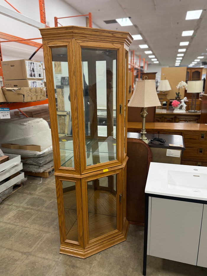 Light Honey Brown Wooden Corner Curio Cabinet