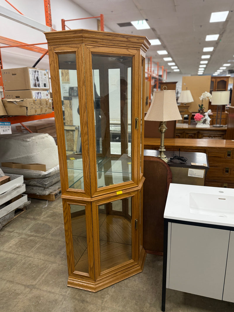 Light Honey Brown Wooden Corner Curio Cabinet