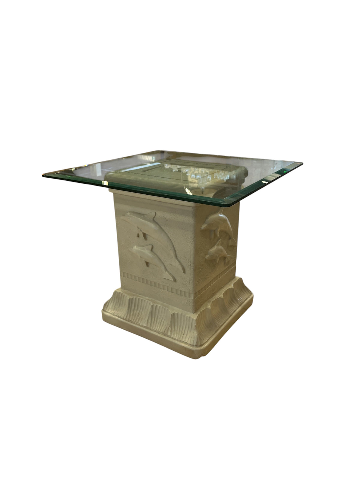 White Painted Coastal Glass Accent Table with Carved Dolphins