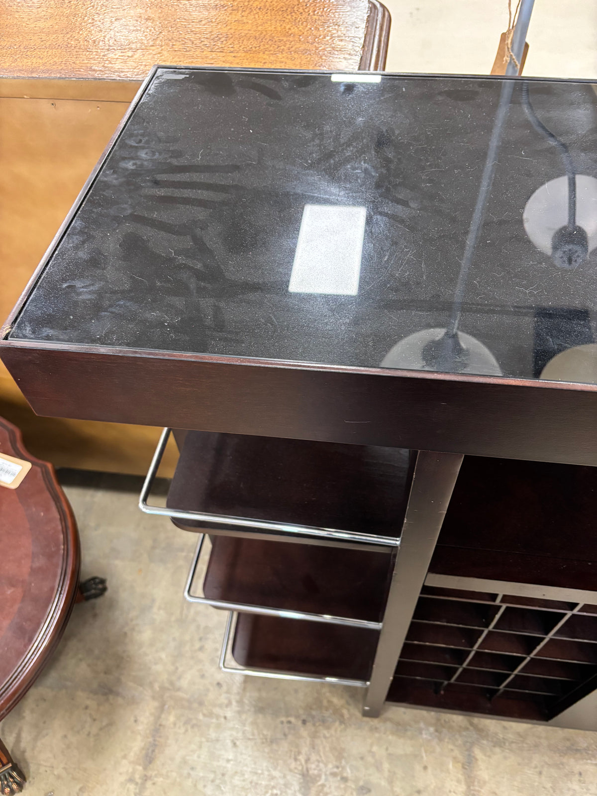 Dark Wood Bar Cart with Glass Top