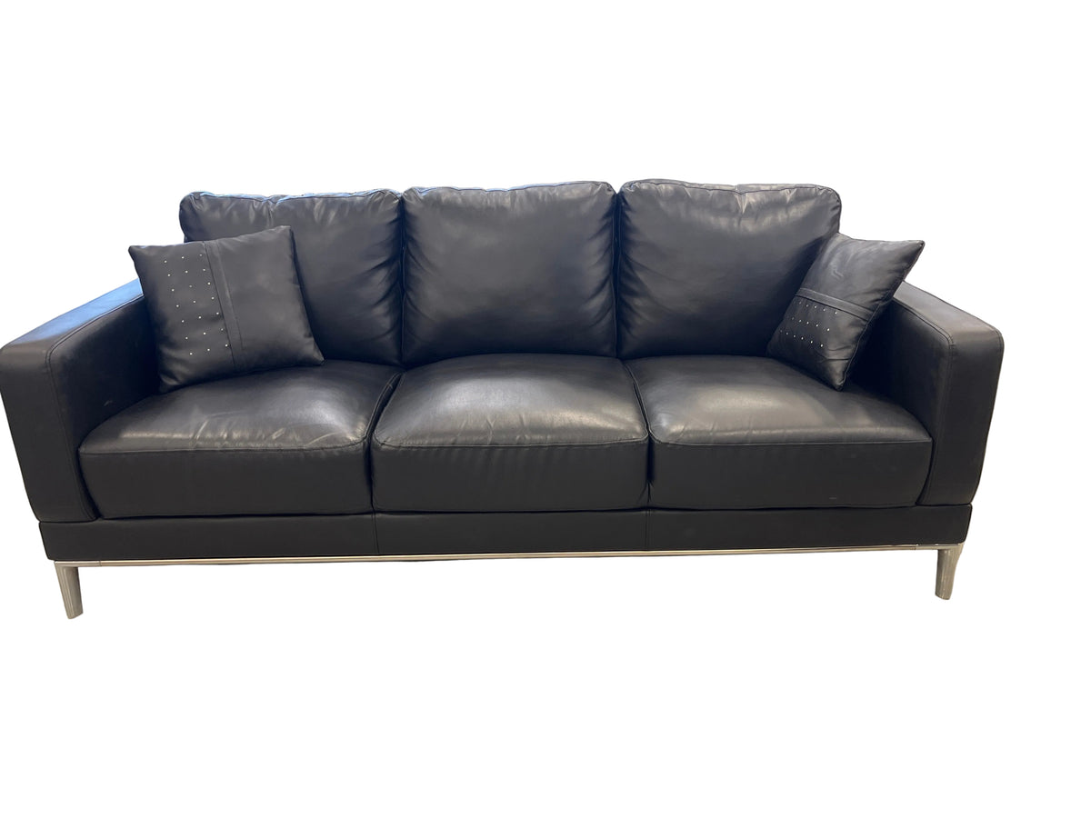 3-Seater Modern Black Leather Sofa with Chrome Legs