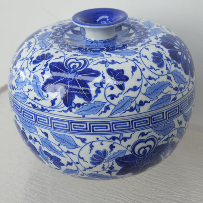 8-inch W Vintage Thai Blue & White Porcelain Lidded Bowl