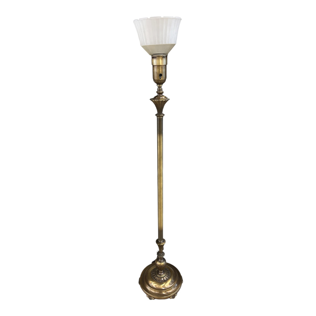 Vintage Brass Floor Lamp w/ Ribbon Glass Shade