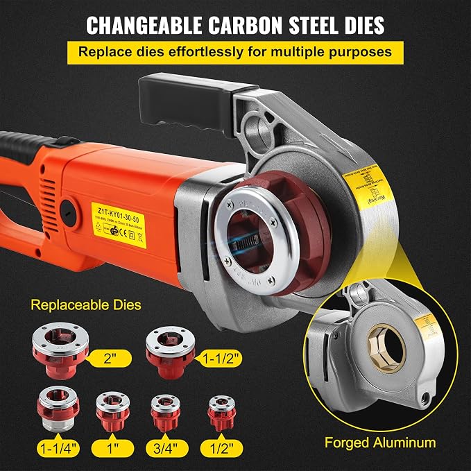 VEVOR Electric Pipe Threader, 2300W Pipe Threading Machine with 6 Dies 1/2"-2", 110V Hand-held Pipe Threader Machine with Copper Motor, Portable Electric Pipe Threading Kit with Carrying Case
