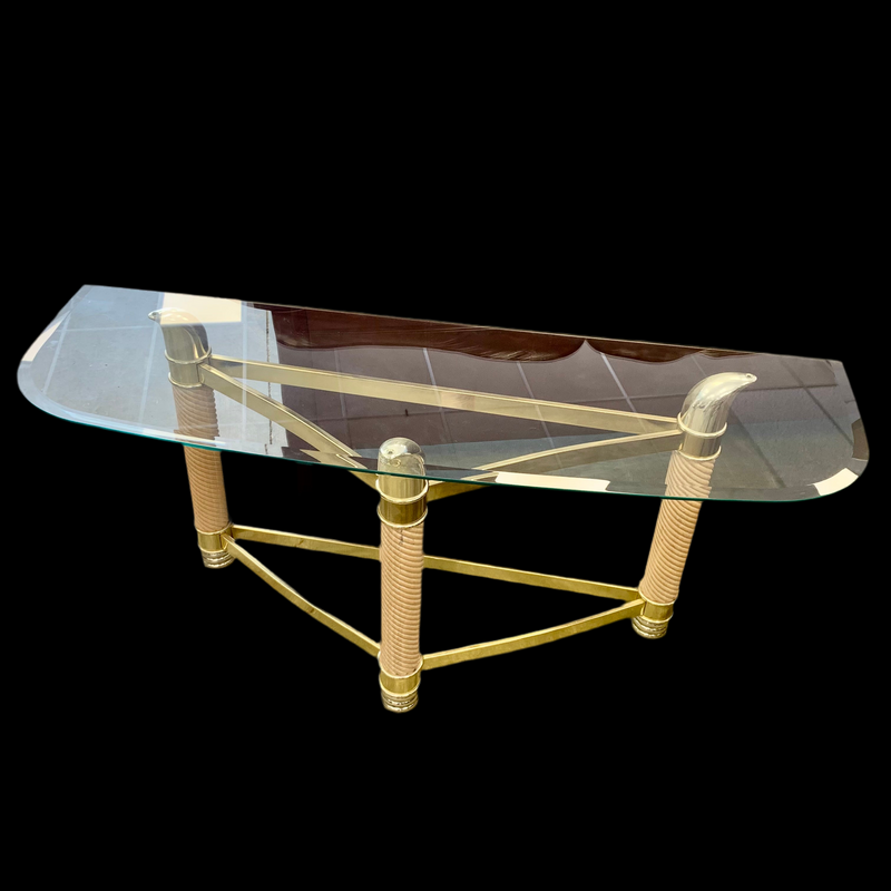 53-Inch W Vintage Italian Console Table – Glass Top with Sculptural Brass Frame