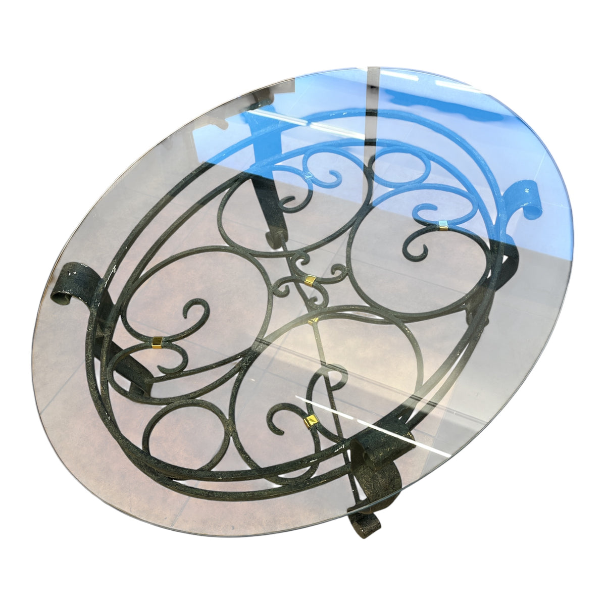 Round Glass Coffee Table with Wrought Iron Base