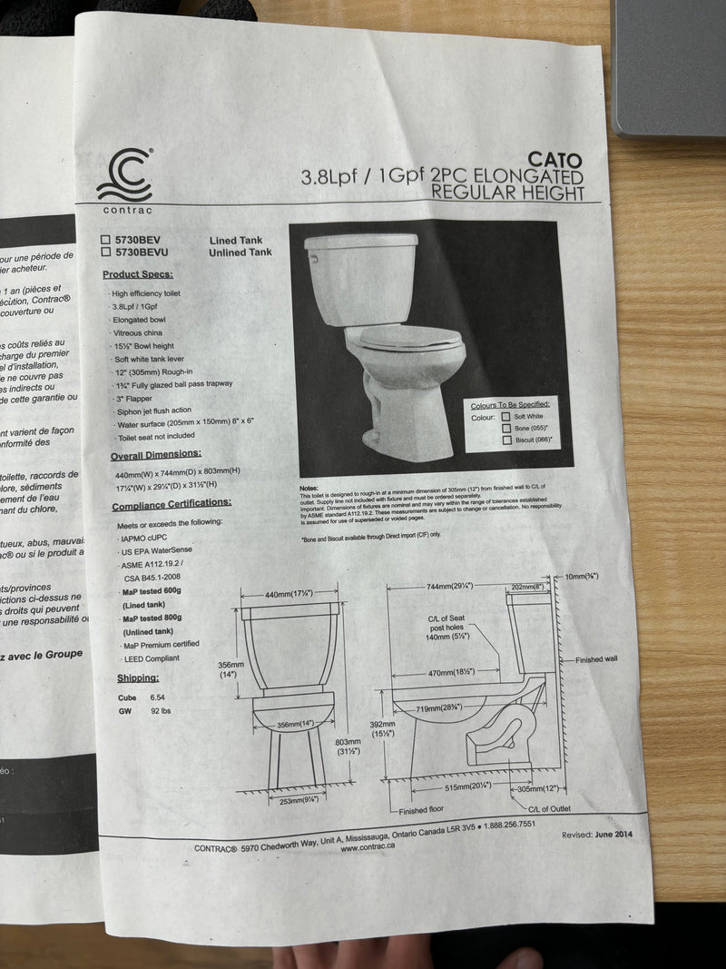 CATO 2-Piece High Efficiency Elongated Toilet, Regular Height 5730BEVU