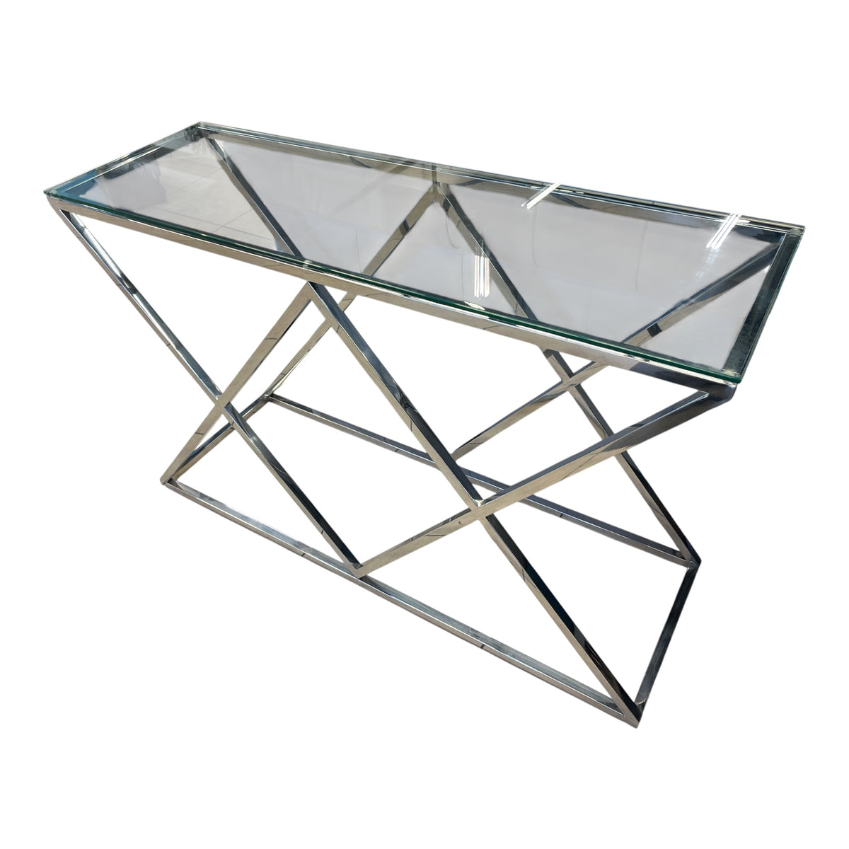 Modern Geometric Glass Console Table w/ Chrome Metal Frame
