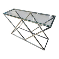 Modern Geometric Glass Console Table w/ Chrome Metal Frame