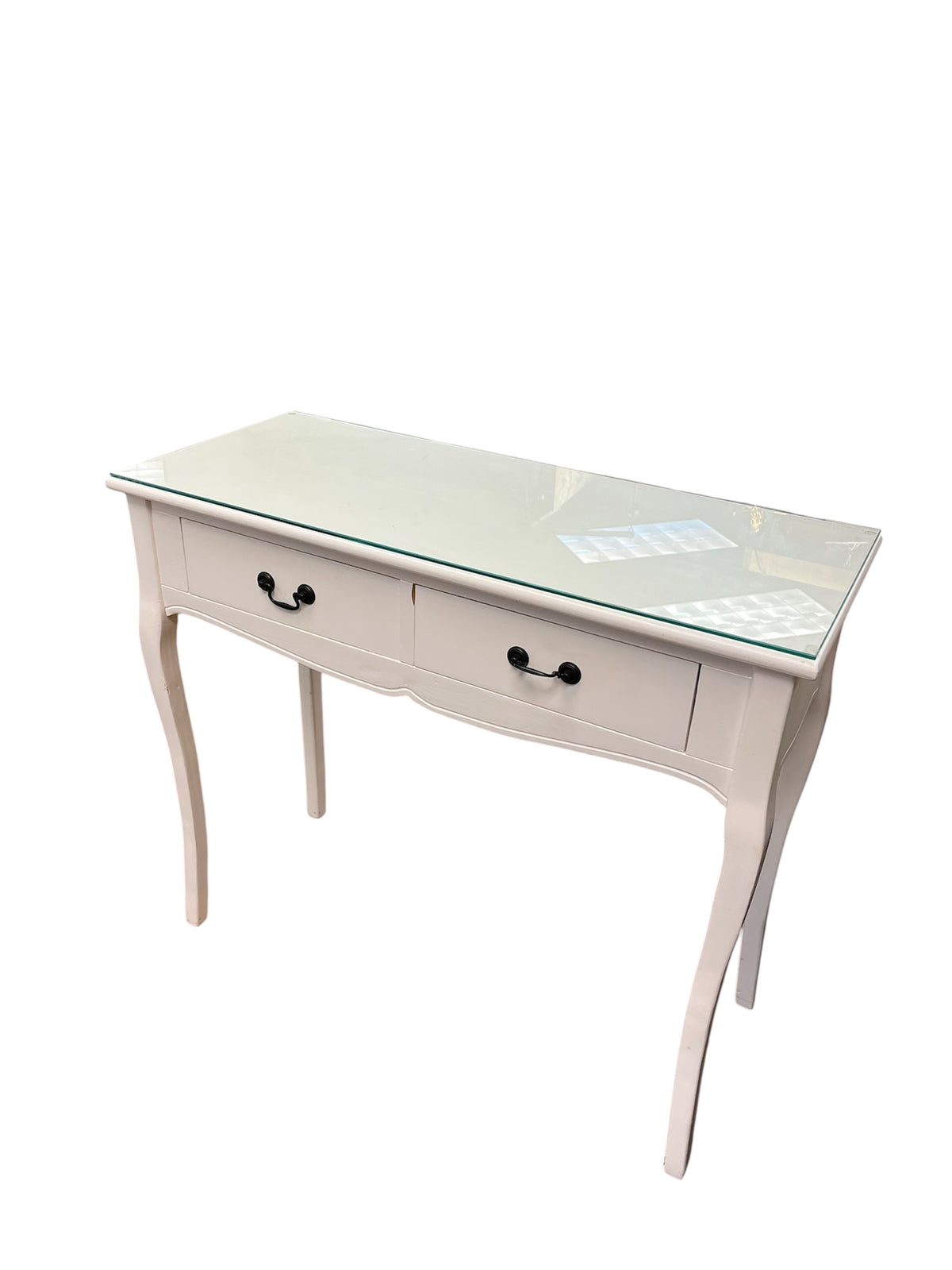 White Vanity Table With Glass Top & Curved Legs