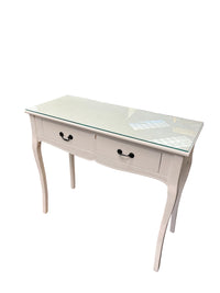 White Vanity Table With Glass Top & Curved Legs