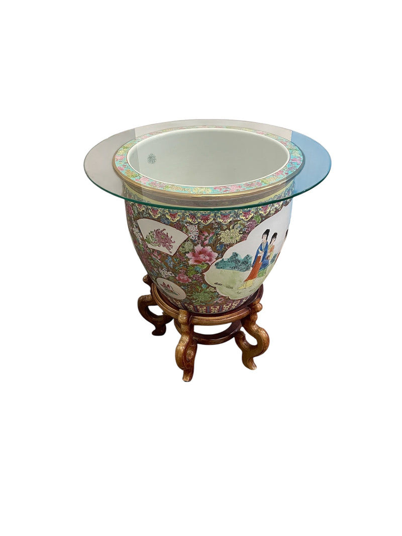 Round Glass Top Porcelain Vase Side Table