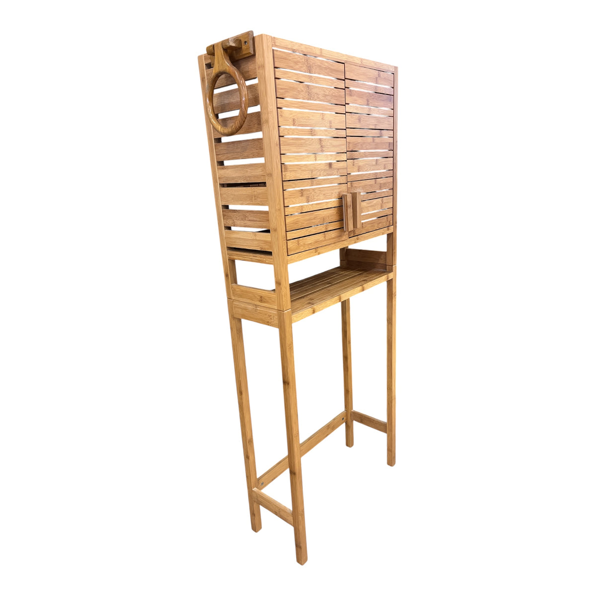 Natural Bamboo Slatted Storage Cabinet with Open Shelf