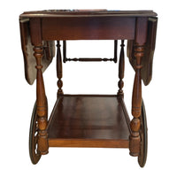 Vintage Mahogany Drop-Leaf Tea Cart with Spindle Wheels and Lower Shelf