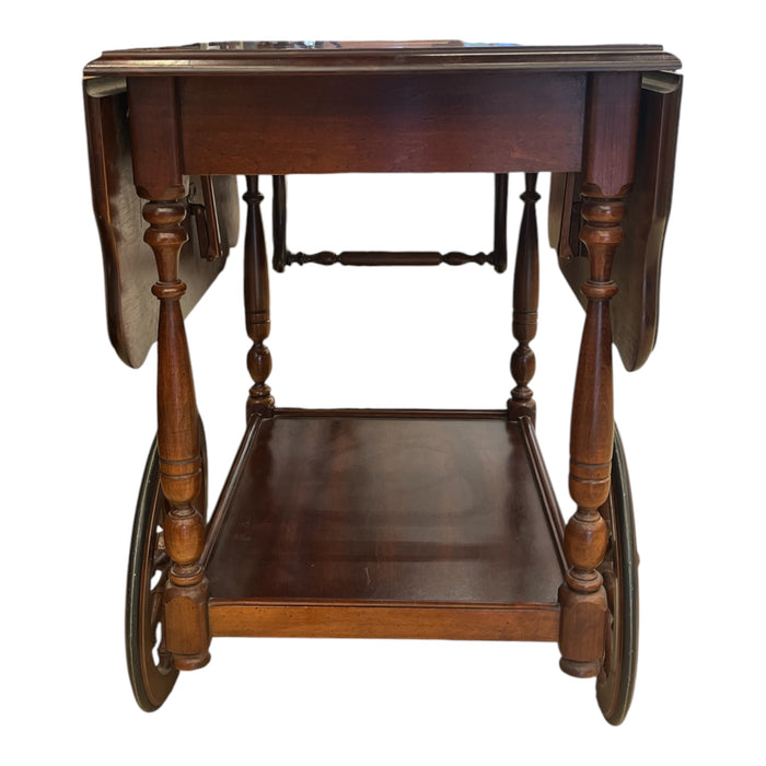 Vintage Mahogany Drop-Leaf Tea Cart with Spindle Wheels and Lower Shelf