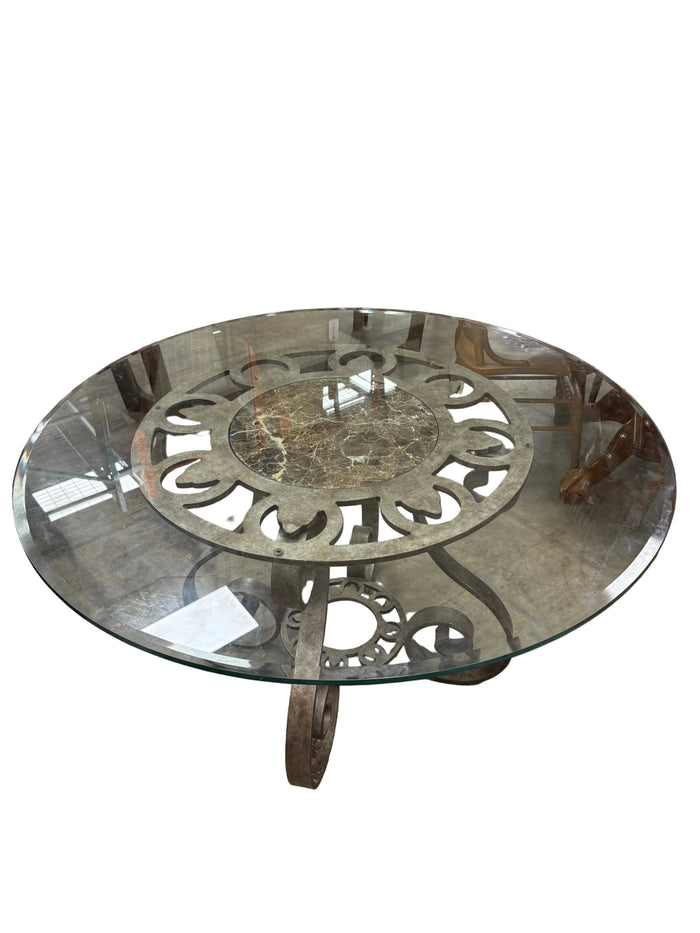 Round Glass-top with Wrought Iron and Inlay Stone Pedestal Base Dining Table