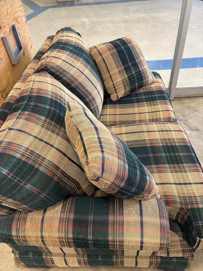 Classic Green and Tan Plaid Upholstered Loveseat Sofa
