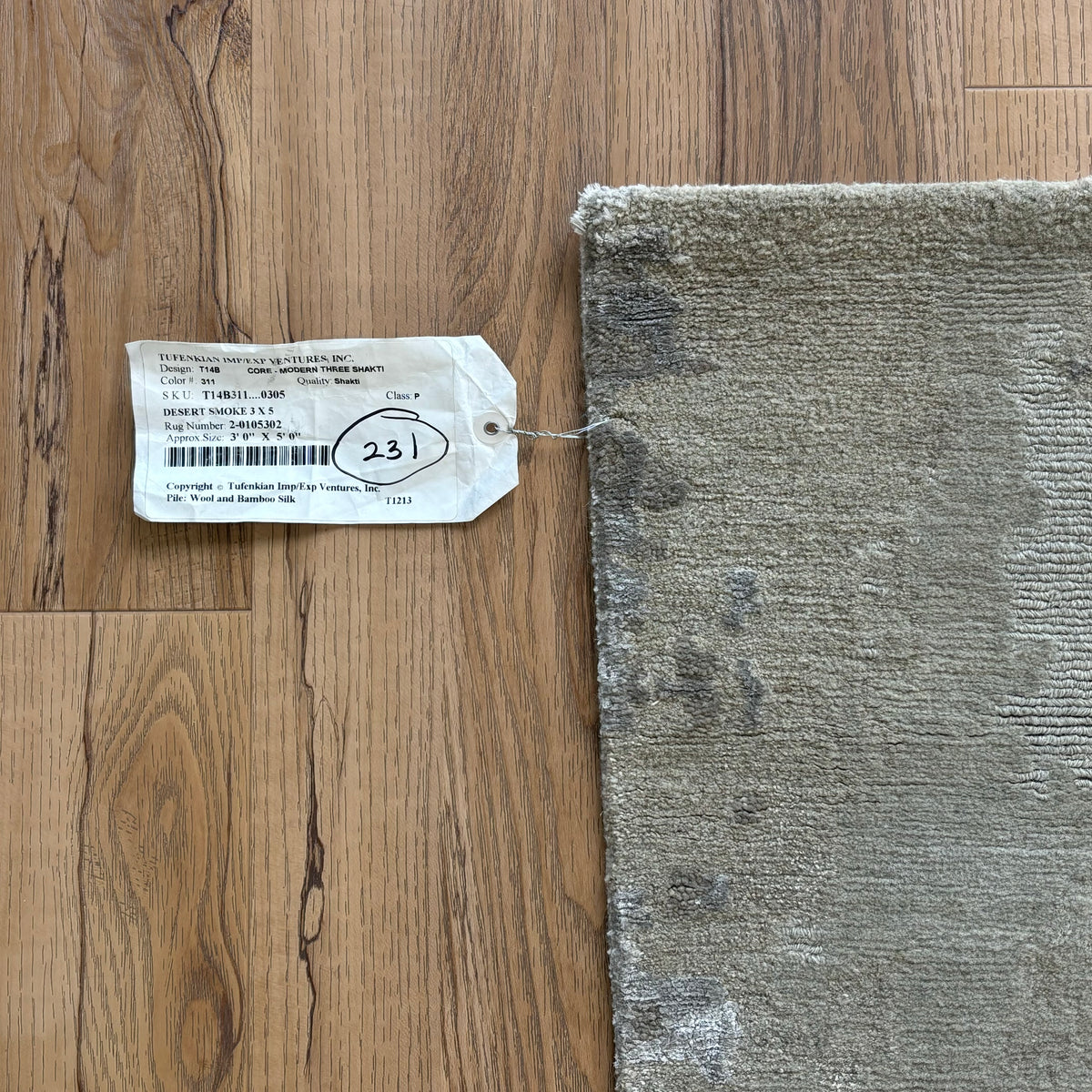 3x5-ft Desert Smoke Area Rug, Wool and Bamboo Silk, 2-0105302