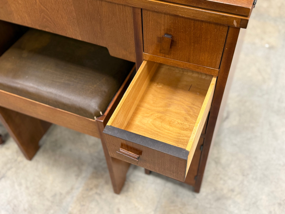Small Honey Brown Sewing Table w/ Sewing Machine